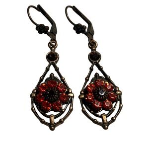 Vtg Boho Red Rhinestone Flower Dangle Earrings Bronze Filigree Leverback 2"